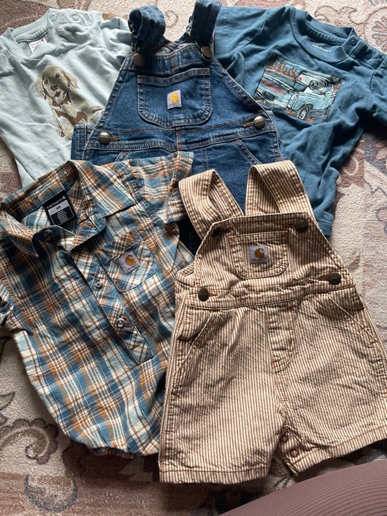 Carhartt Other - Carhartt Toddler Short Overalls in Tan Striped & Jean w/ 3 Shirts/One-Pieces EUC